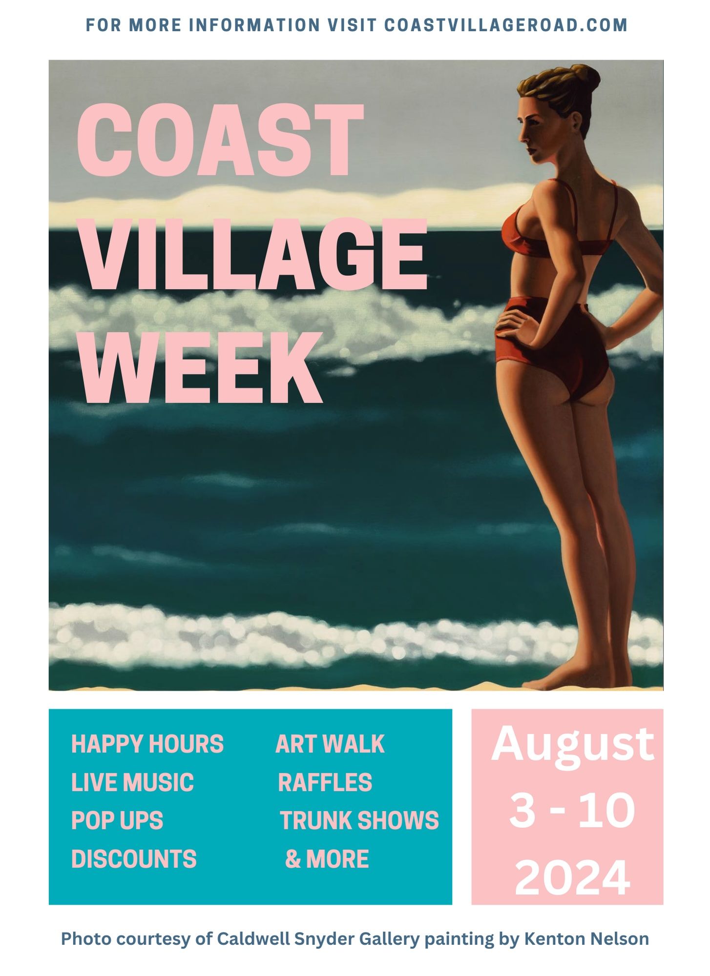 A vintage color image of a woman in a bathing suit at the beach with the details of the Coast Village Week over the graphic.